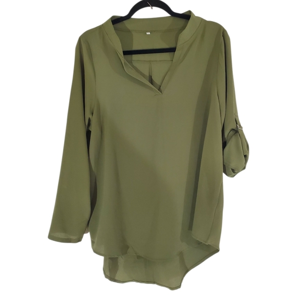 Tops - OLIVE GREEN Woman's Blouse Size Large Roll Tab Sleeves